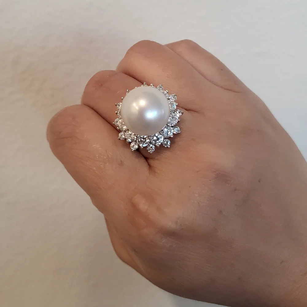 13mm white south sea pearl 14k yellow & white gold ring Sz6 Signity CZ halo - Picture 5 of 10
